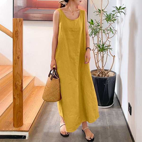 Women's Loose Pockets Round Neck Elegance Sleeveless Dresses
