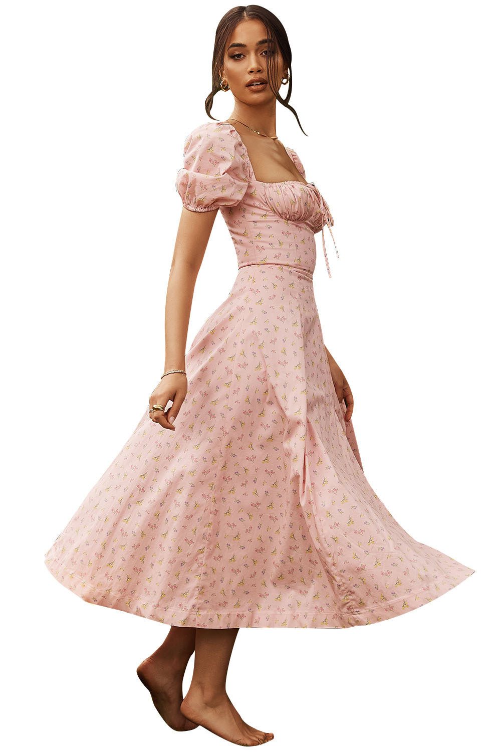 Summer Fashion Puff Sleeve Floral Split Maxi Dresses