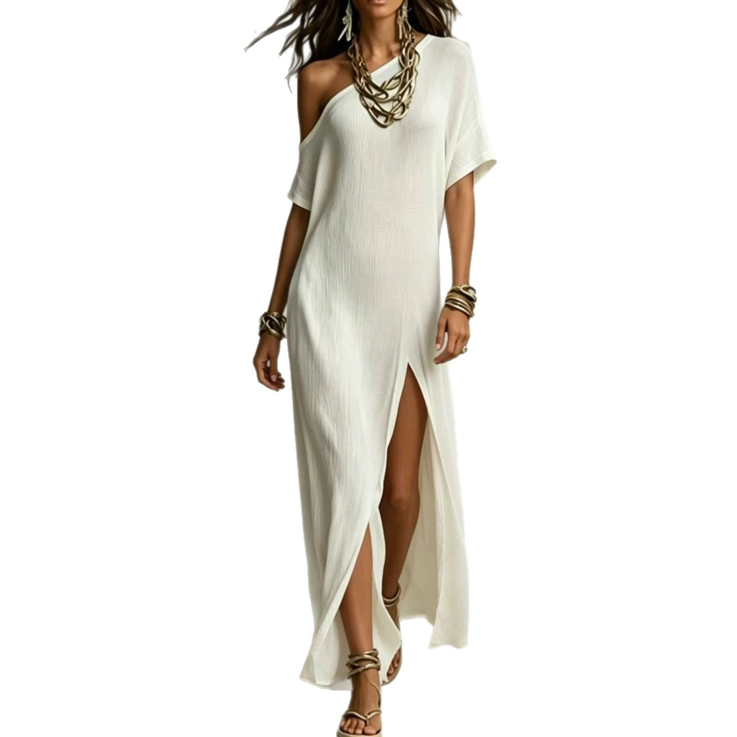 Women's Summer Elegant Sleeve Cotton Linen Fold Dress