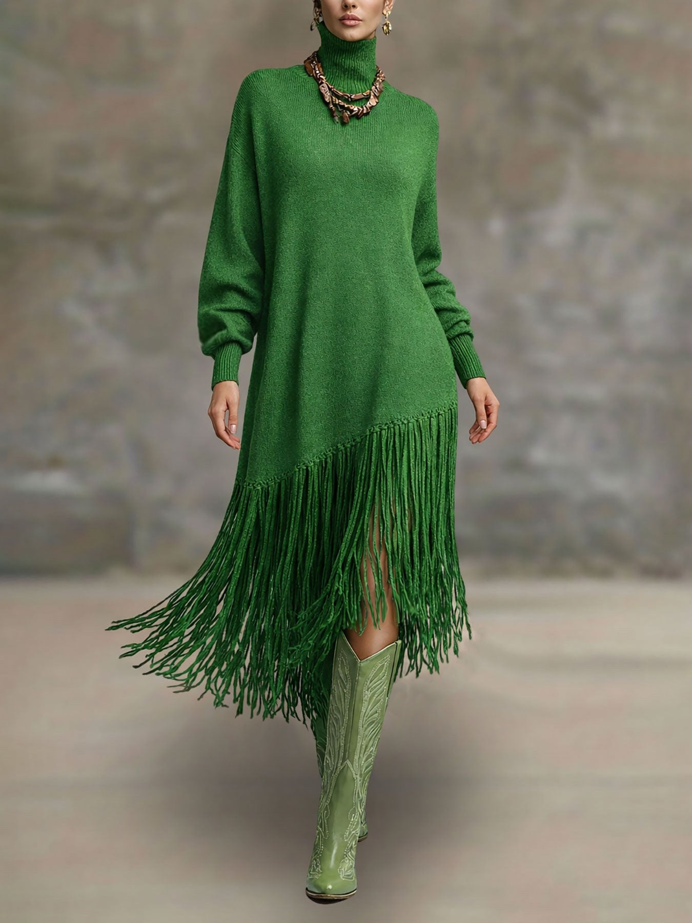 Women's Bohemian Long Fringe Design Solid Color Mature Dress