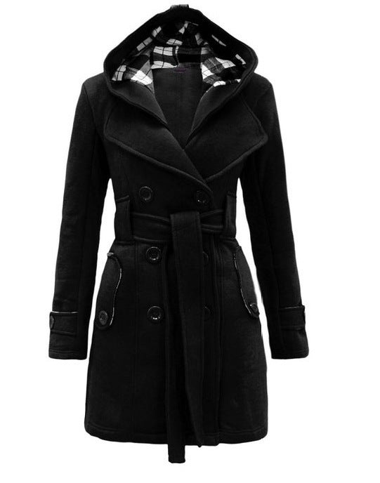 Women's Trench Woolen Plaid Hoodie Elegant Double-breasted Coats