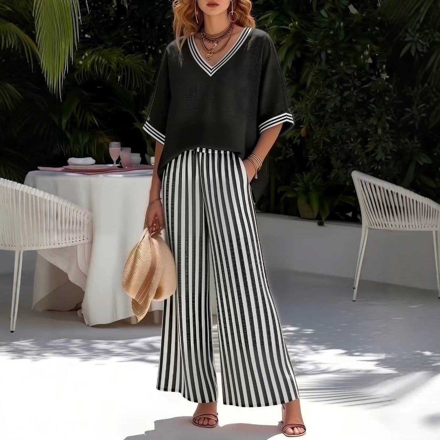 Women's Summer Cotton Linen Loose Sleeve Striped Two Fashion Casual Suit
