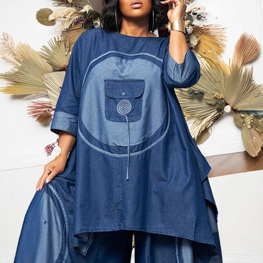 Three Large Organ Pocket Faux Denim Suits