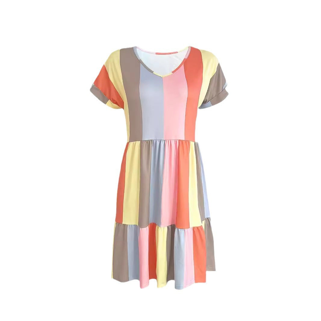 Women's Fashion Casual Stripe Printing Color Contrast Dresses
