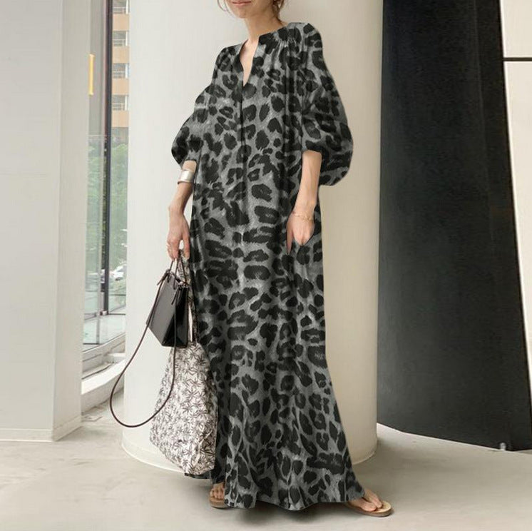 Temperament Leopard Print Printed Stand Collar Puff Sleeve Fashion Loose Dress