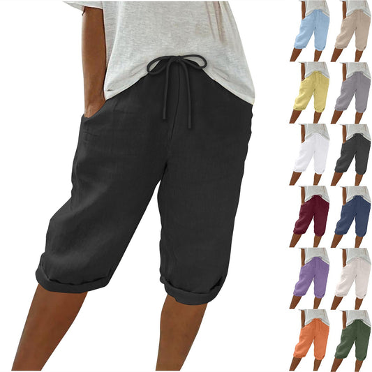 Women's Cotton Linen Pocket Slacks Five Pants