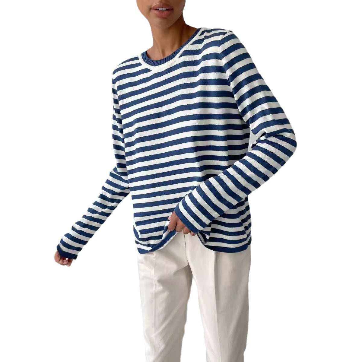 Women's Round Neck Knitted Striped Versatile Classic Retro Pullover Women's Sweater