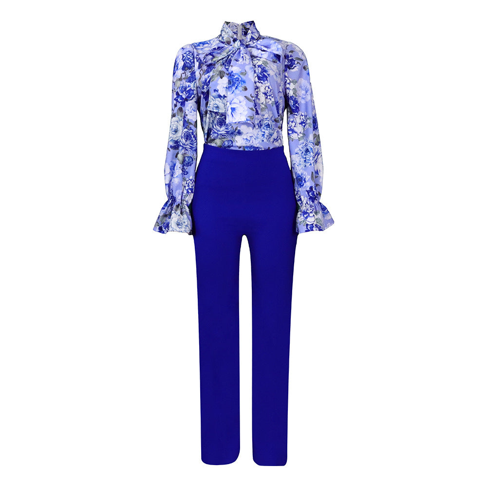 Women's Loose Large Printed Long-sleeved Shirt Two-piece Fashion Casual Suit