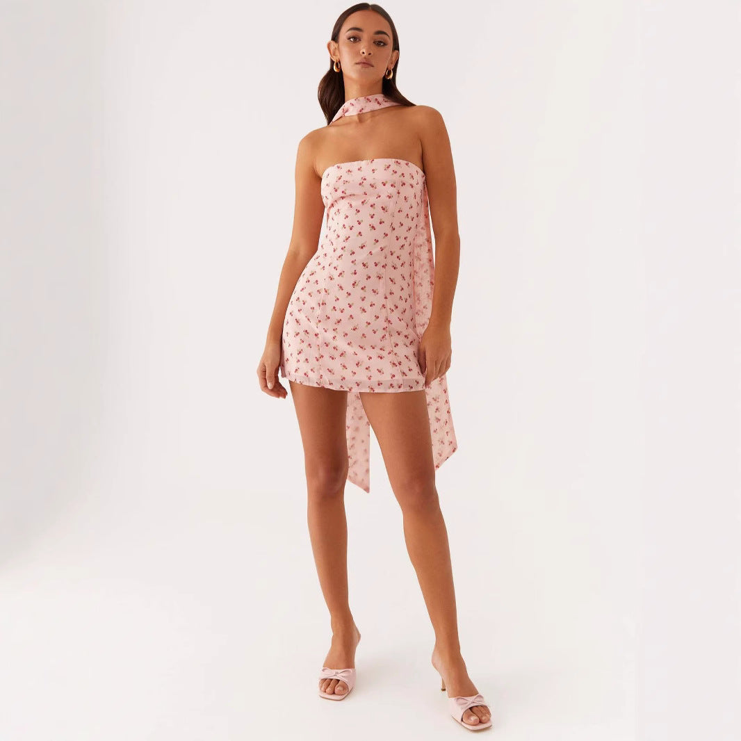 Women's Summer Halter Ribbon Printed Tube High Dress
