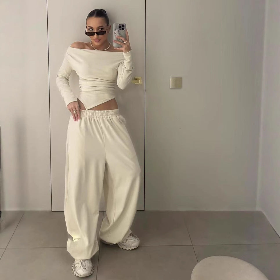 Autumn Asymmetric Hem Long T-shirt Trousers Suits