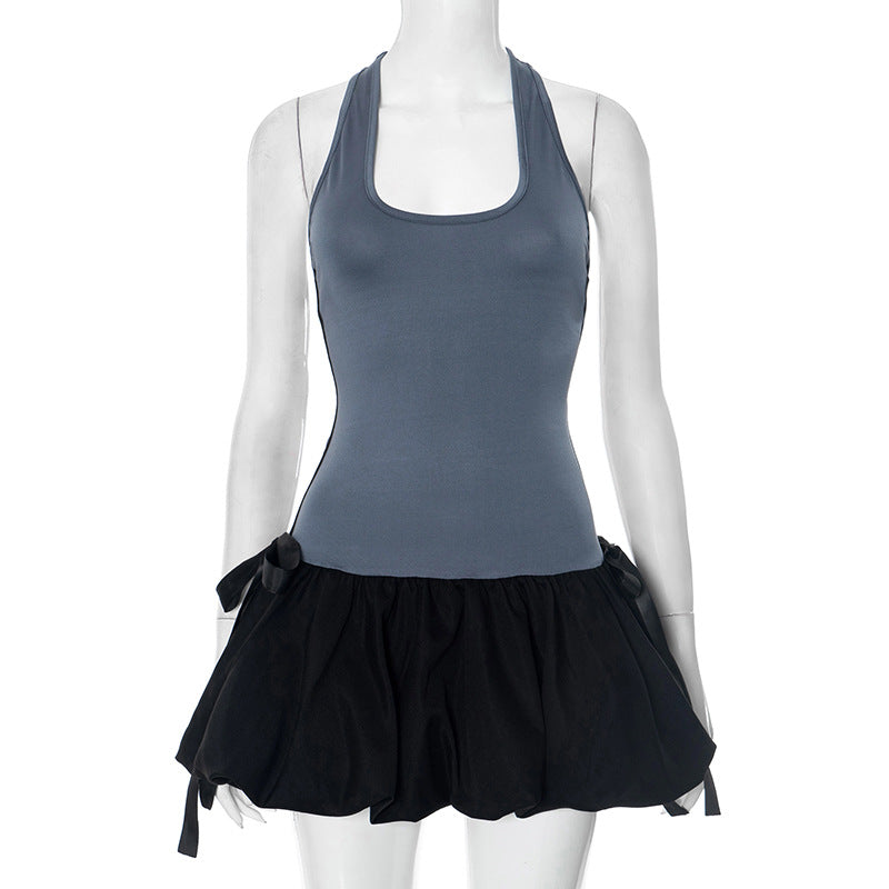 Women's Color Contrast Patchwork Sleeveless Bow Bud Dresses