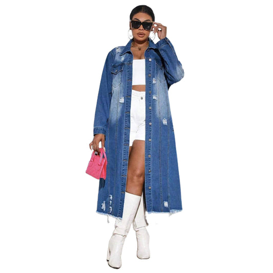 Women's Wear Ripped Long Sleeves Denim Trench Cardigans