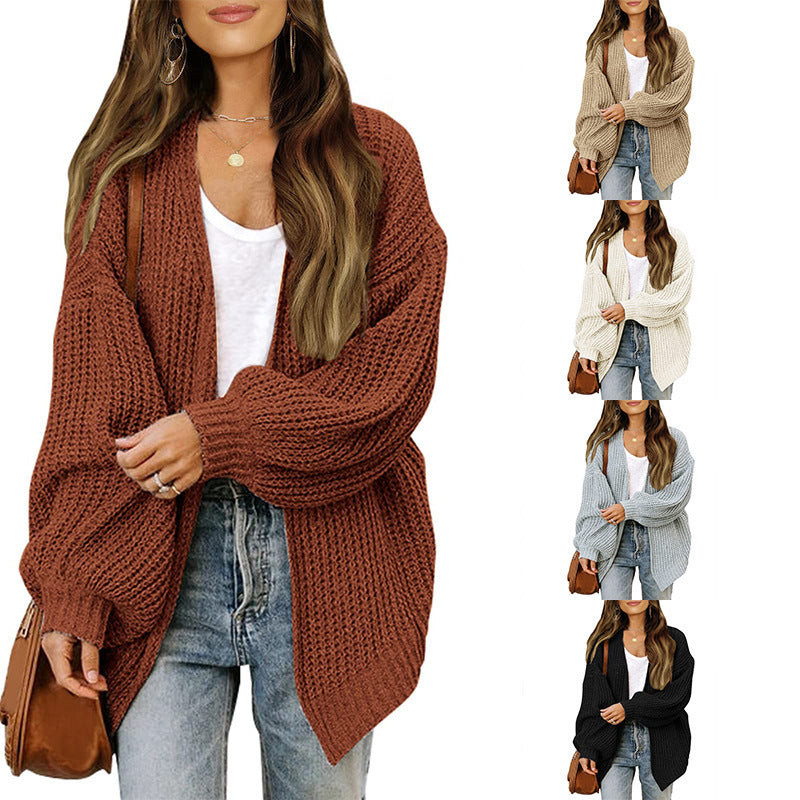 Women's Lantern Sleeve Coarse Yarn Pocket Knitted Sweater