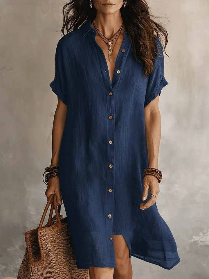 Cotton Linen Shirt Fashion Casual Short-sleeved Dress