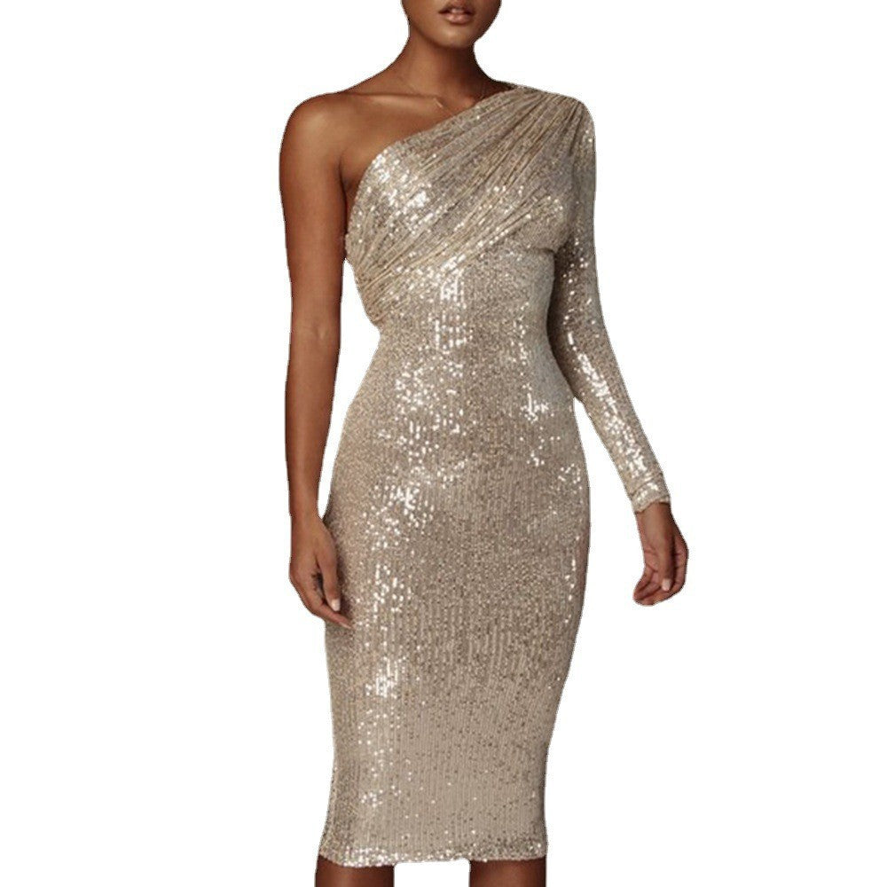 Women's Dress Diagonal Collar Fashionable Sequins Nightclub Dresses