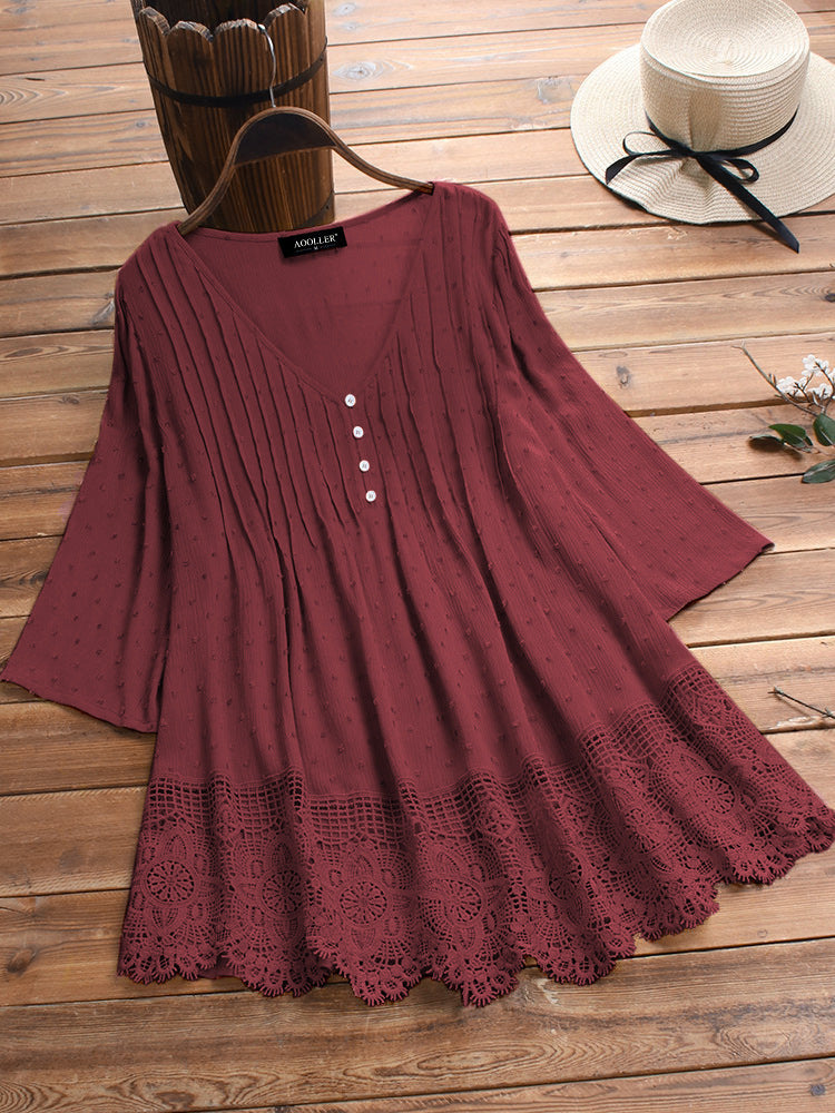 Women's Summer Jacquard Pleated Lace Hollow Out Blouses