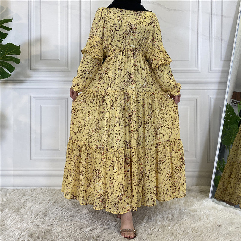 Chiffon Printed Long Sleeve Big Hem Dress