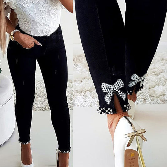 Women's Slim Slimming Butterfly Sticky Beaded Split Jeans
