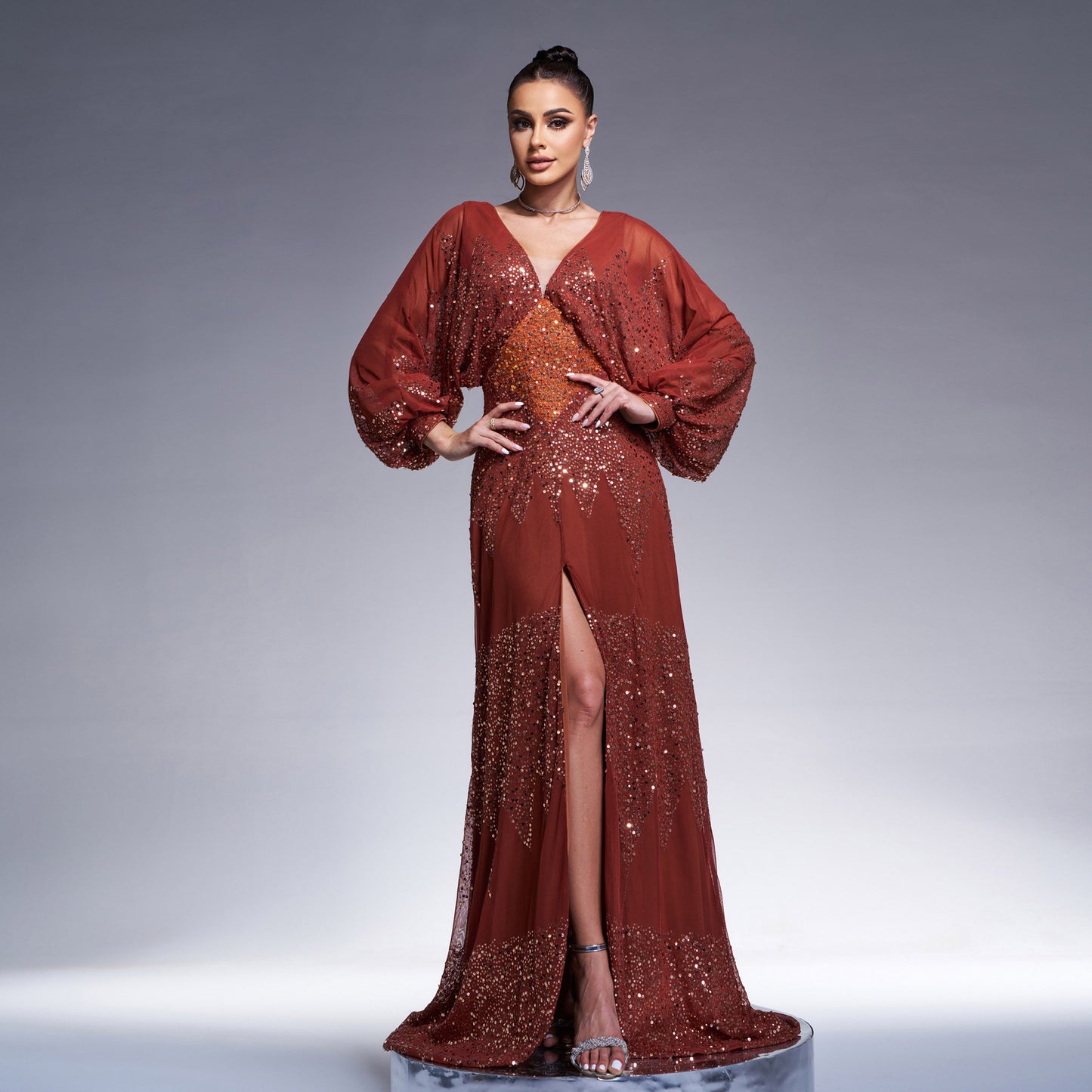 Women's French Style Long Dress Sleeve Sequined Dresses