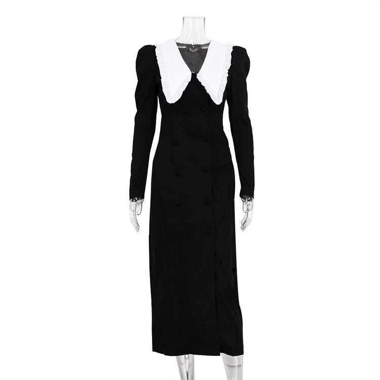 Women's White Contrast Color Split Long Dress Doll Dresses
