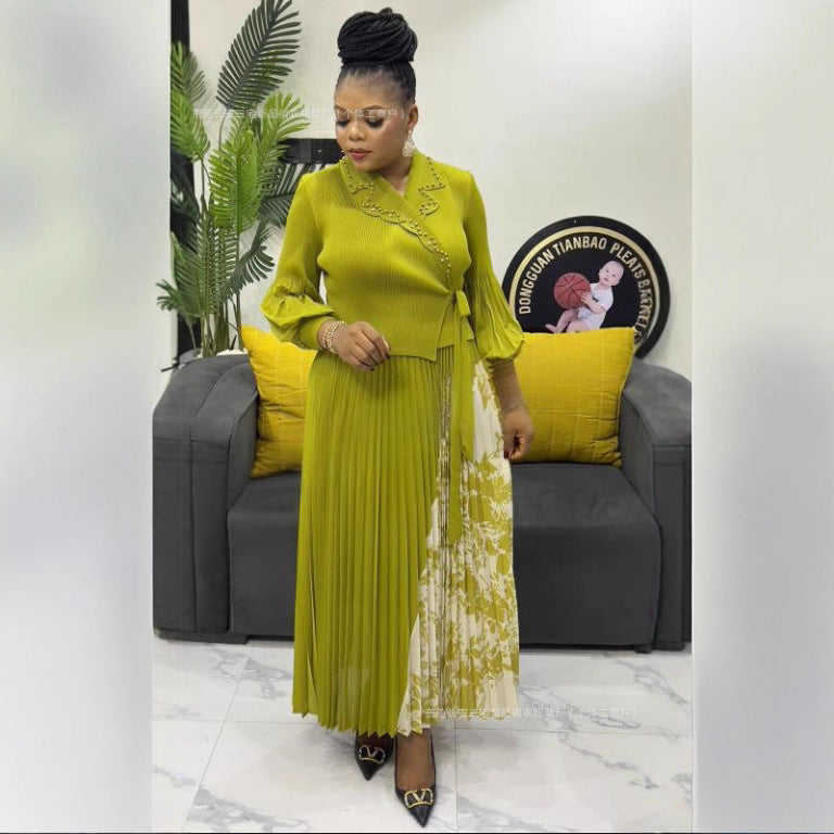 African Elegant Pleated Print Long Sleeve Suits