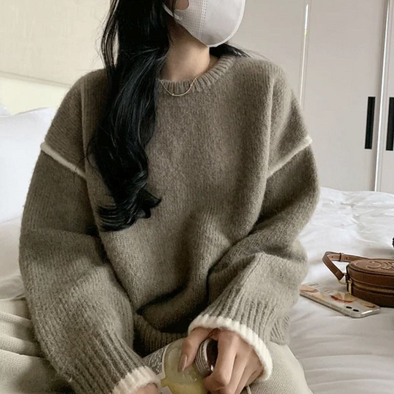 Women's Style Artistic Retro Loose Simple Round Neck Design Contrast Color Women's Sweater