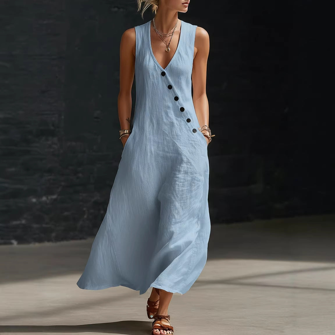 Idle Style Double-breasted Cotton Linen Sleeveless Dress