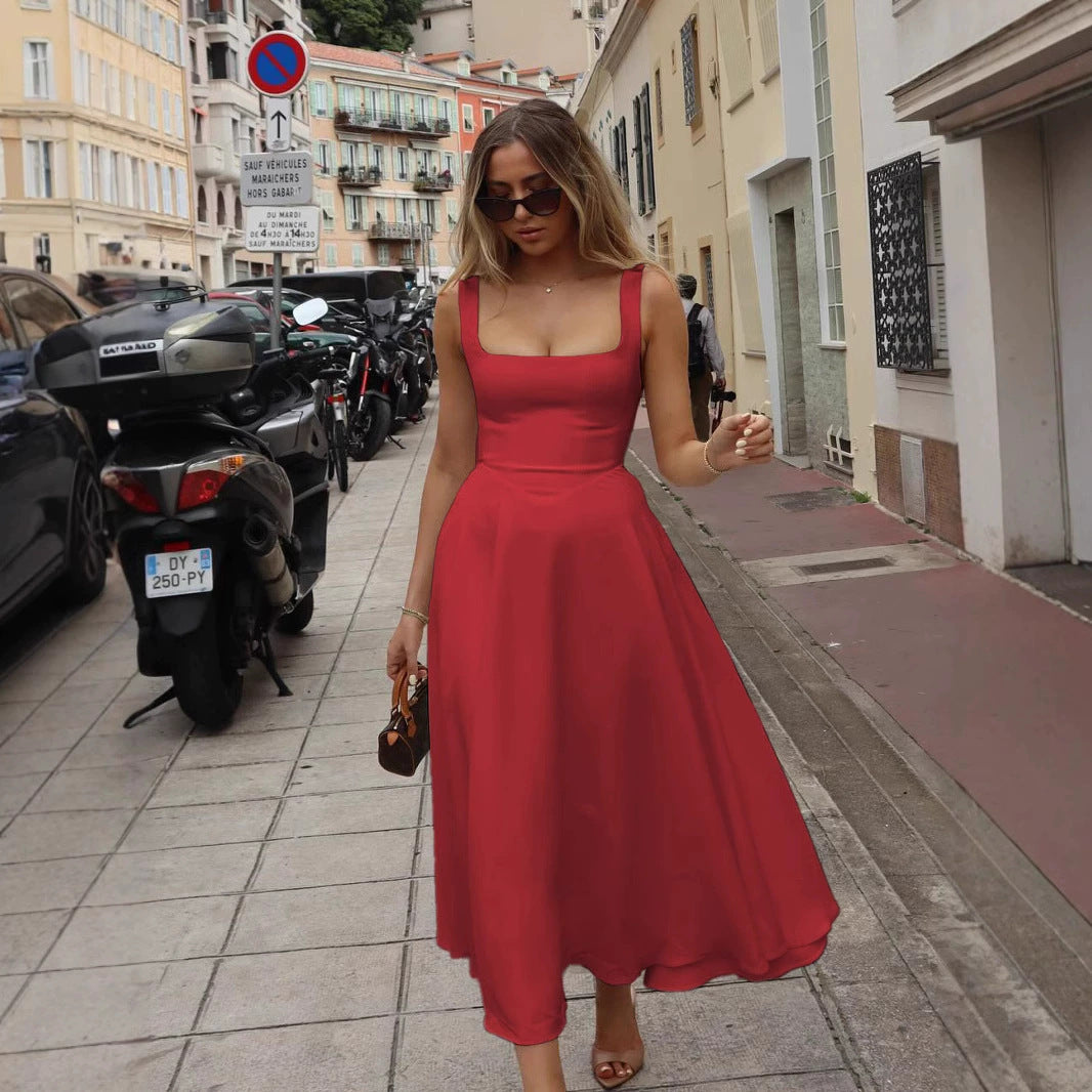 Women's Summer Temperament Square Collar Sleeveless Waist Trimming Dress
