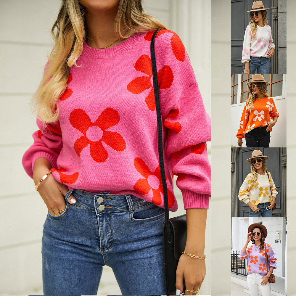 Comfortable Women's Spring Printed Pullover Flower Sweaters
