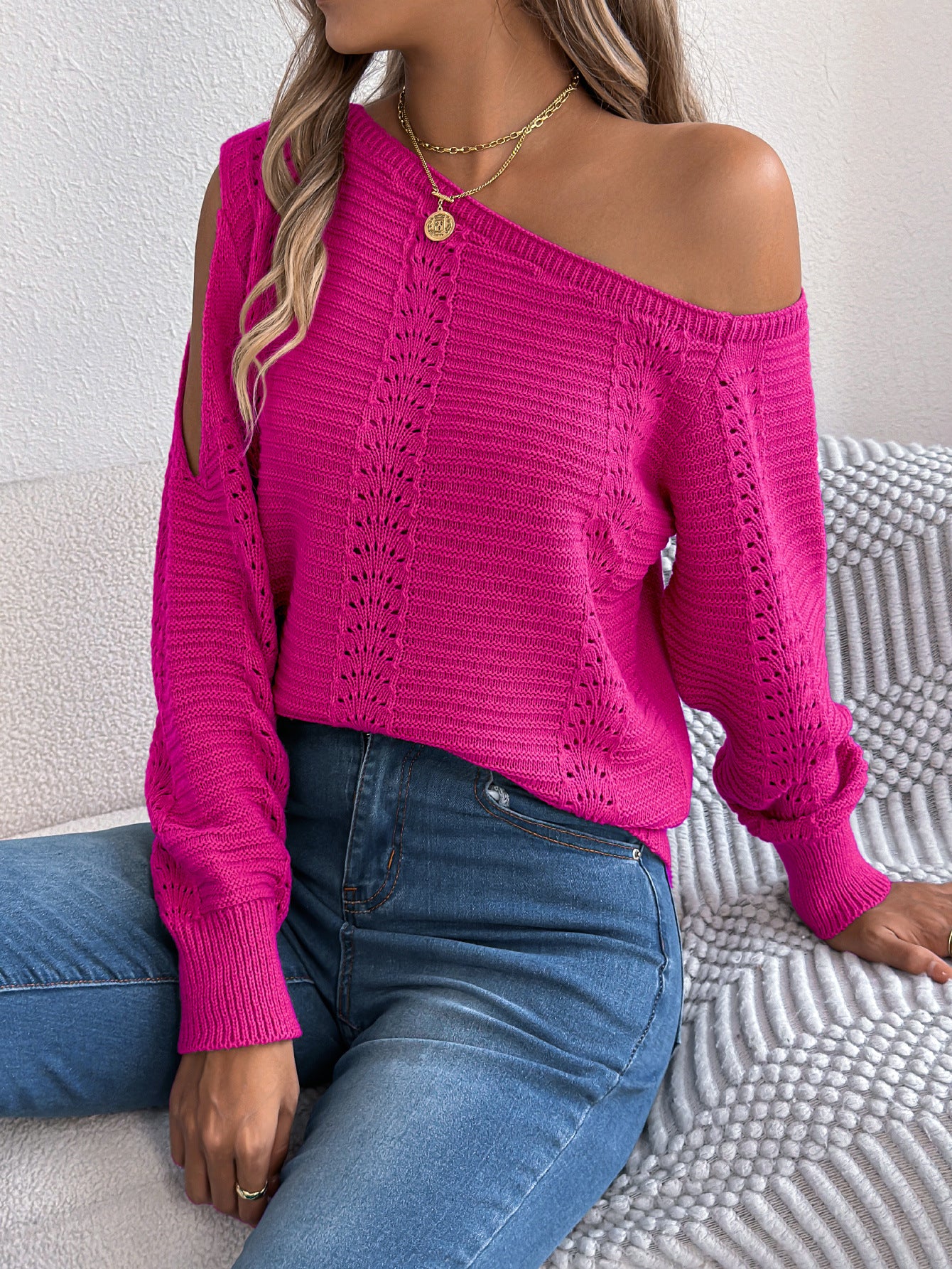 Women's Casual Solid Color Hollow Out Long Sleeve Sweater