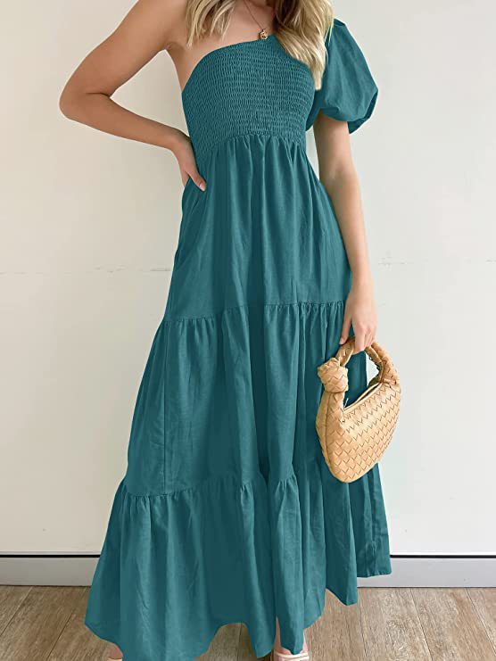 Women's Summer Bohemian Solid Color Smoked Layered Dresses