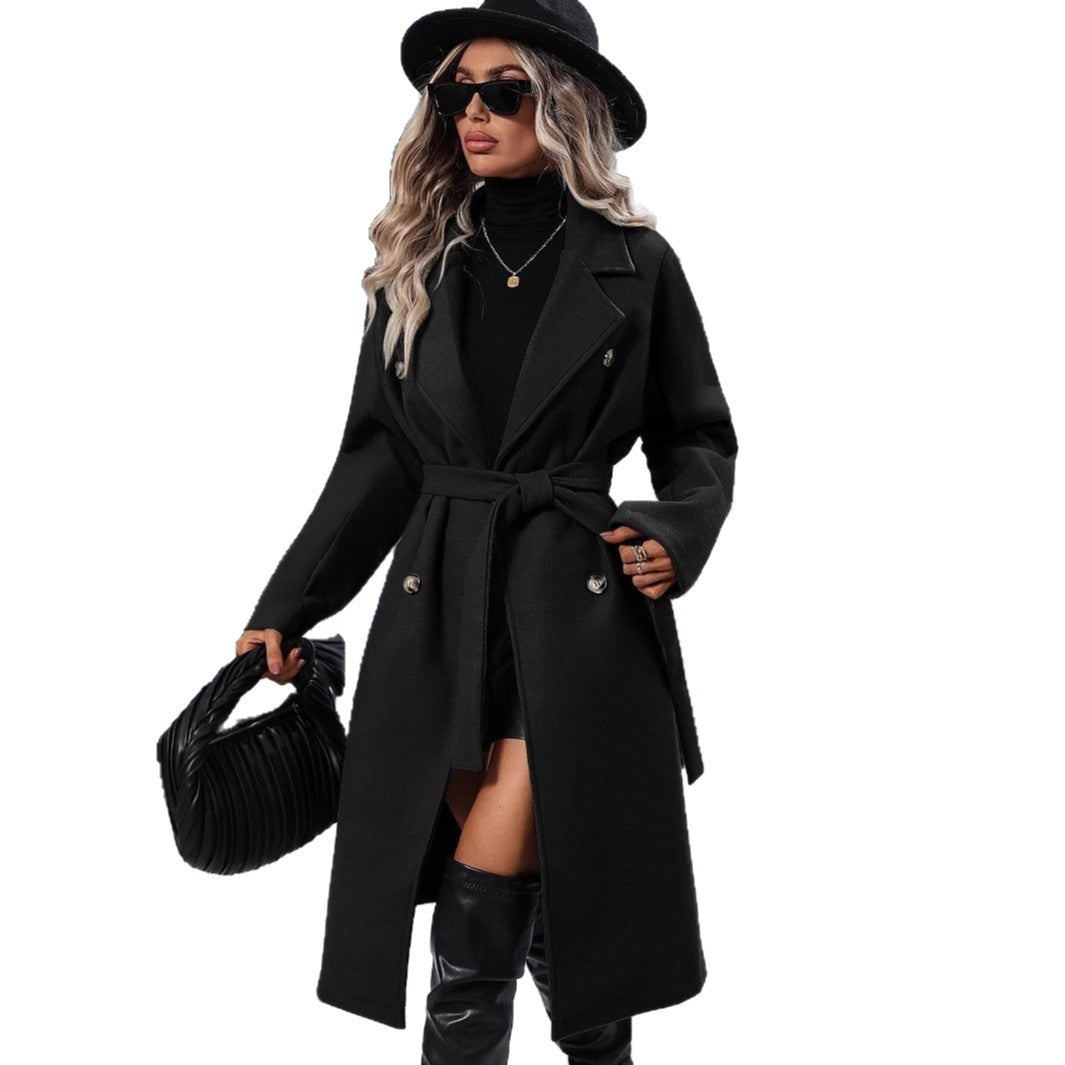 Women's Collar Woolen Double Breasted Overcoat For Coats