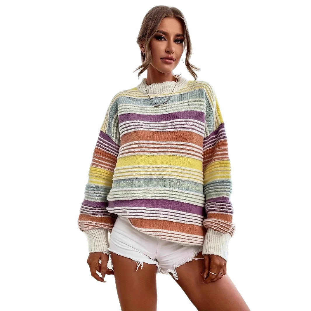 Women's Autumn Contrast Color Rainbow Pullover Retro Loose Clothing