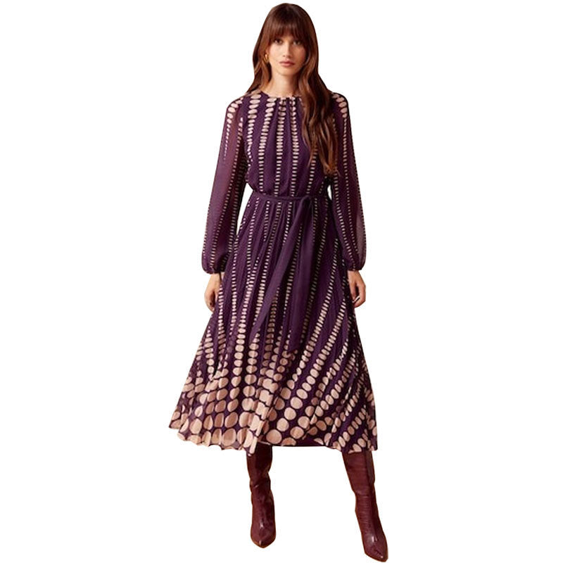 Women's Casual Long-sleeved Printed Pleated Fashion Large Dress
