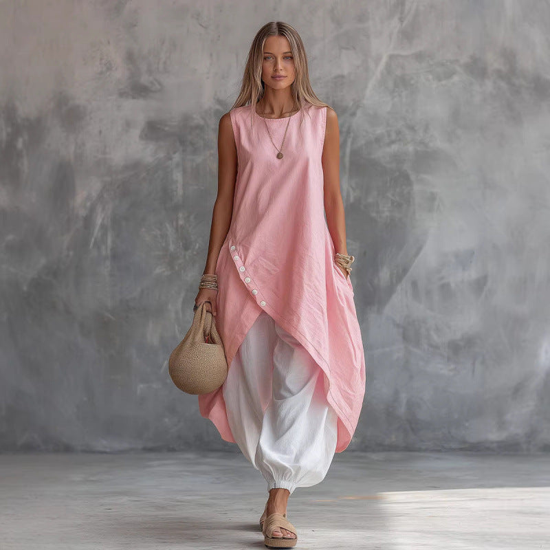Solid Color Sleeveless Loose Pockets White Suits