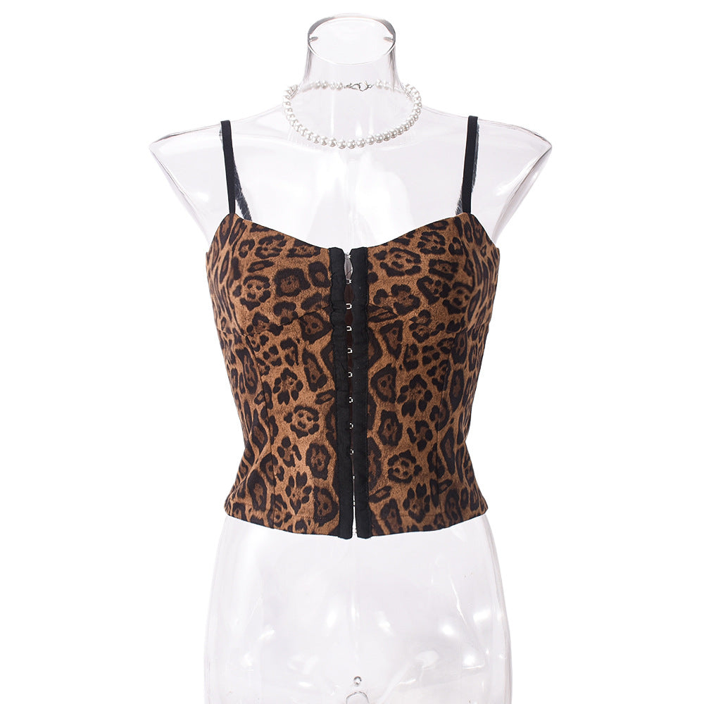 Women's Sexy Ribbon Breasted Sleeveless Hollow Leopard Print Tops
