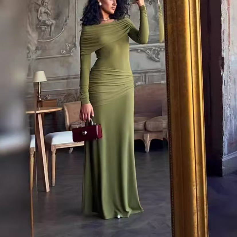Women's Round Neck Design Pleated Waist Tight Dresses