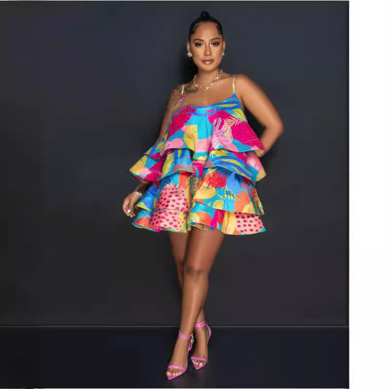 Women's Layered Printed Plastic Fishbone Suspender Dress Dresses