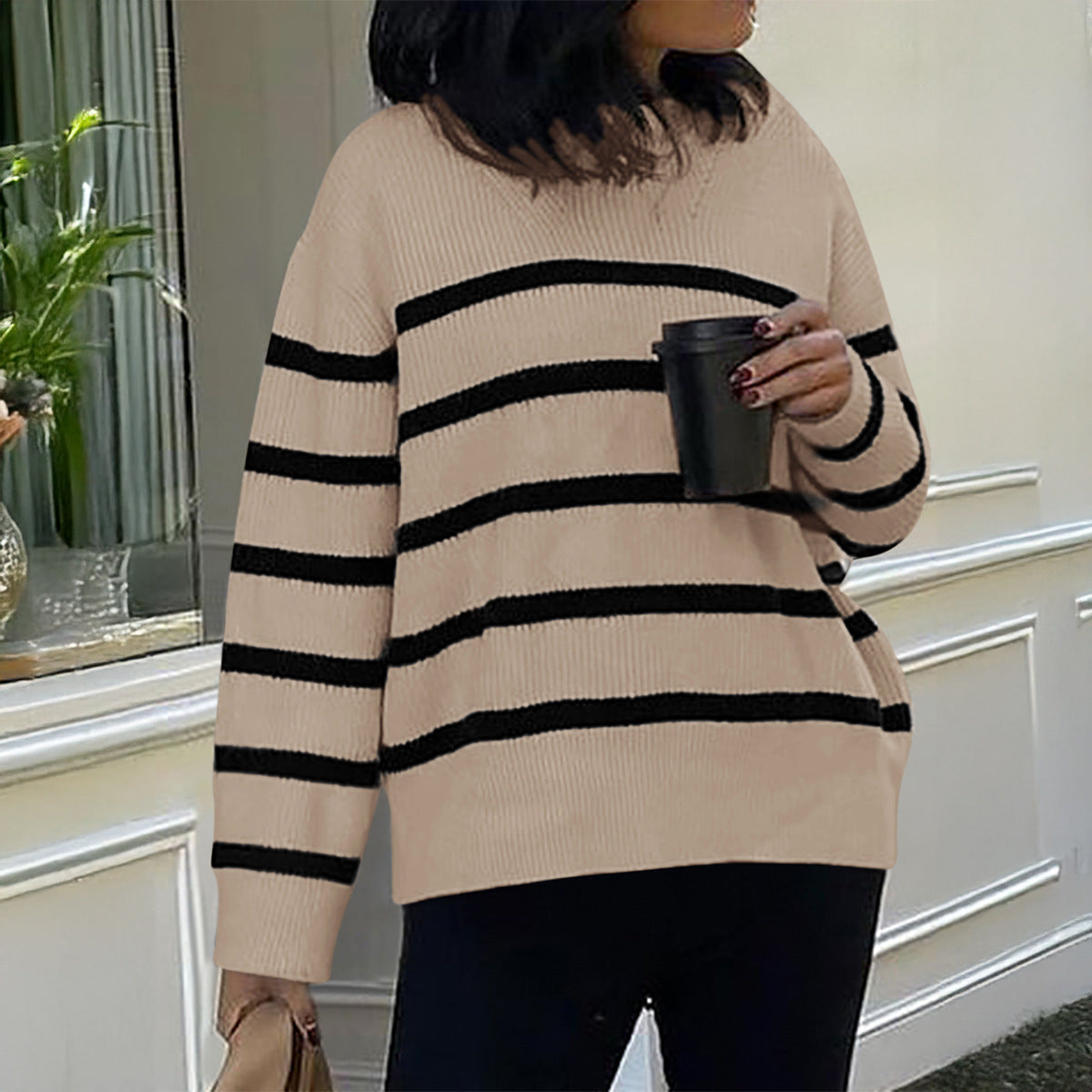 Slouchy Women's Casual Striped Wool Long-sleeved Sweater