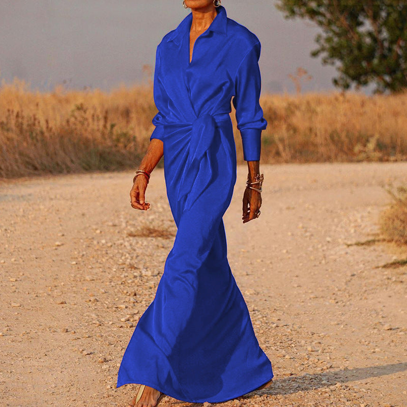 Women's Lace Up High Waist Slit Mop Long Sleeve Dress