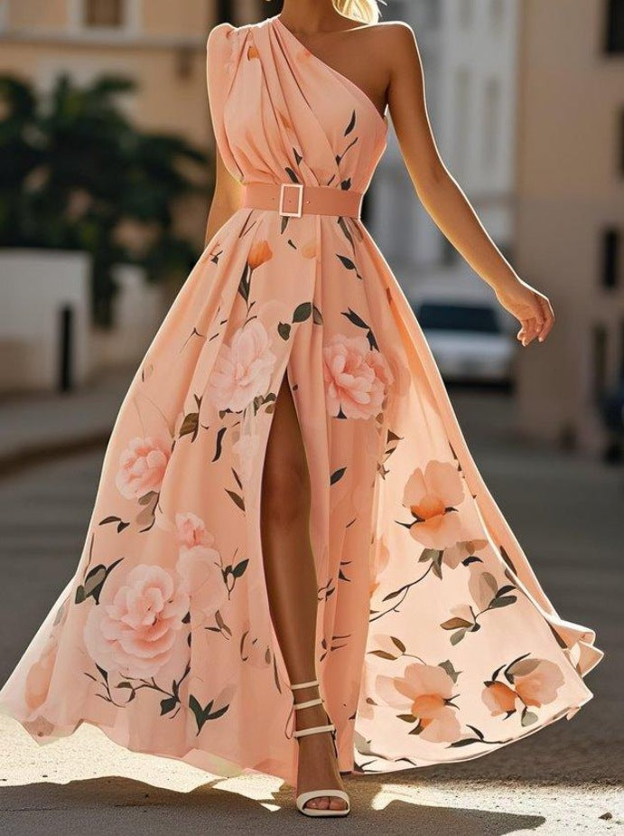 Women's Oblique Shoulder Digital Printing Sleeveless Belt Dresses