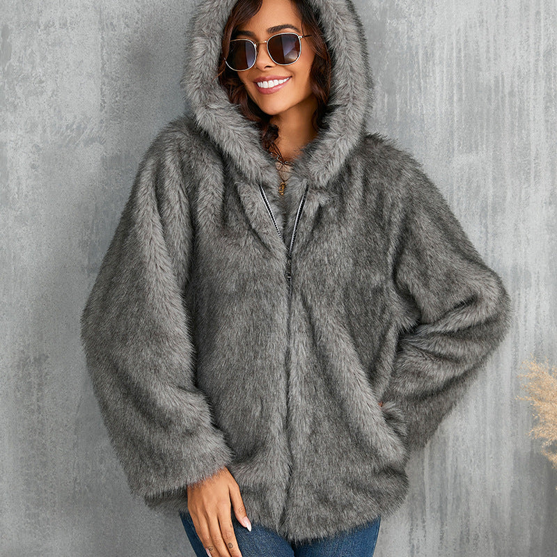Fur Solid Color Loose Hooded Collar Coats