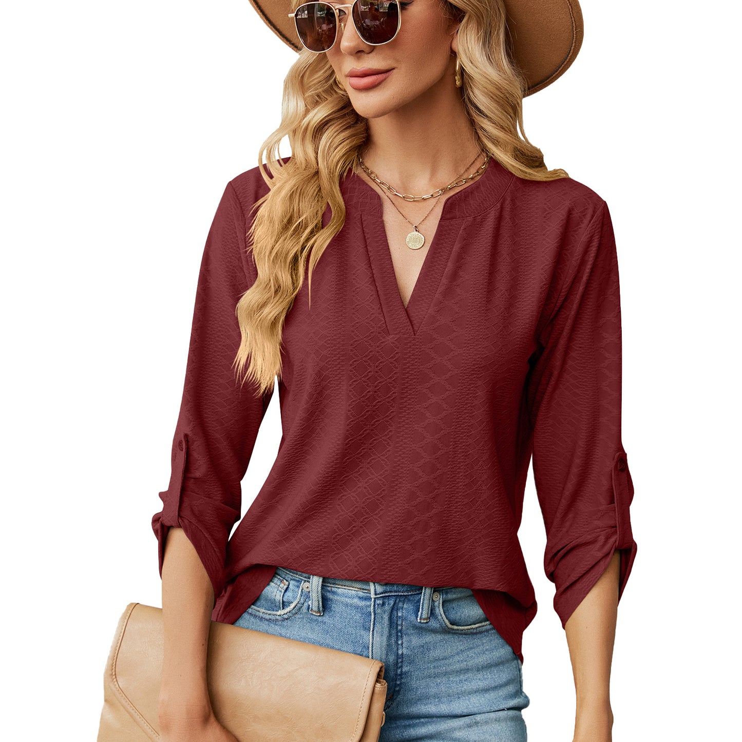 Women's Solid Color Three-quarter Sleeve Button Loose-fitting Tops