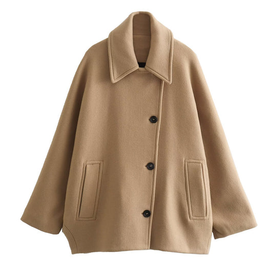 Women's Woolen Fashion Polo Collar Blended Cape Coats