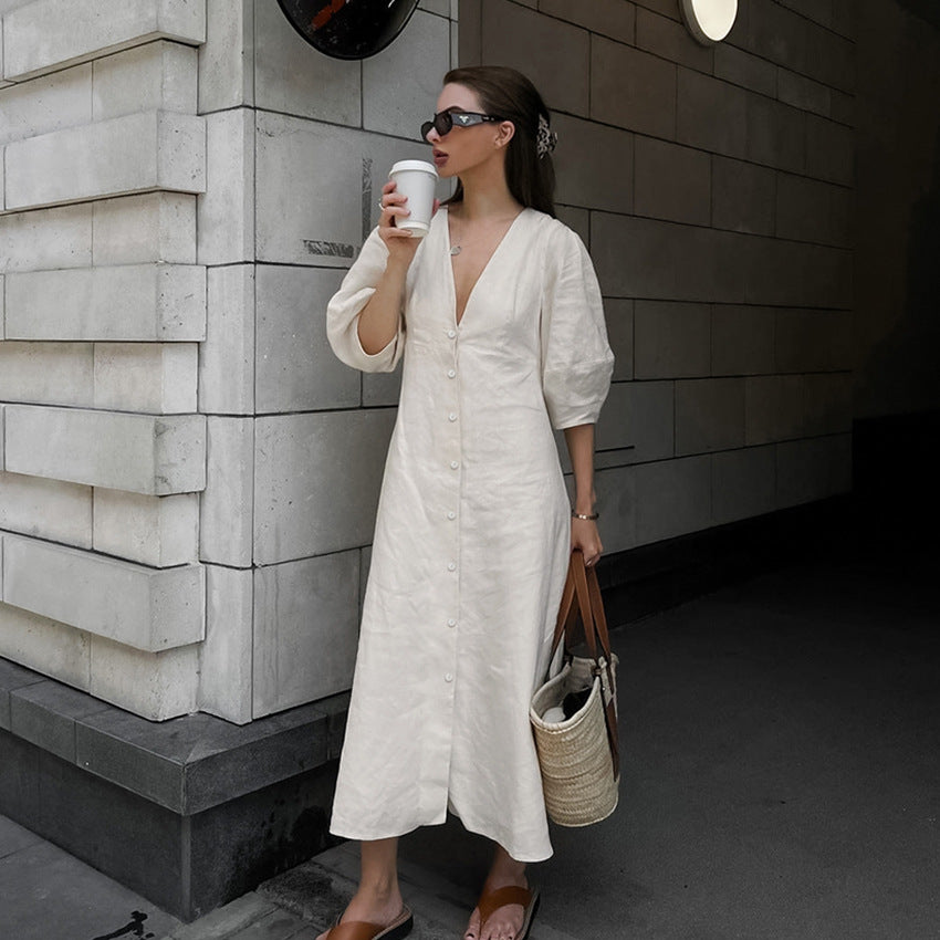 Women's Simple Casual Loose Cotton Linen Dress Autumn Puff Sleeve Dresses