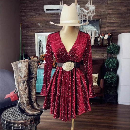 Women's Sequined Flared Sleeves Dress With Lining Dresses