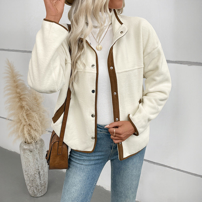 Women's Contrast Color Polar Fleece Stand-up Collar Coats