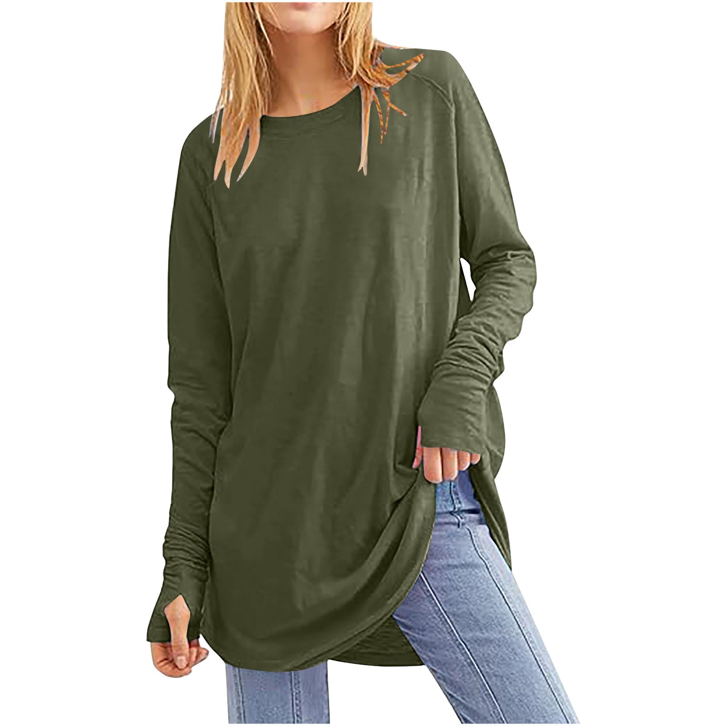 Women's Solid Color Loose Round Neck Long Sleeve With Blouses