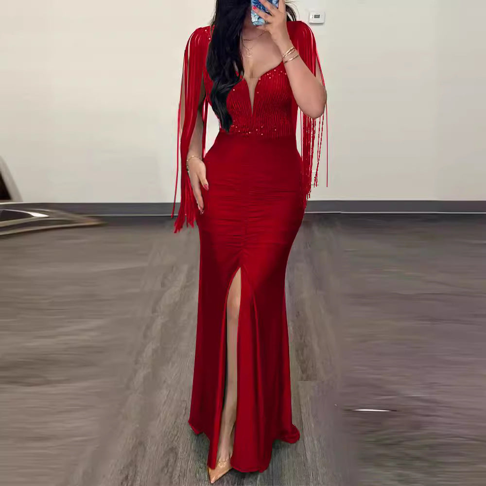 Sequin Sheath Sexy Crew Neck Split Fringe Dress