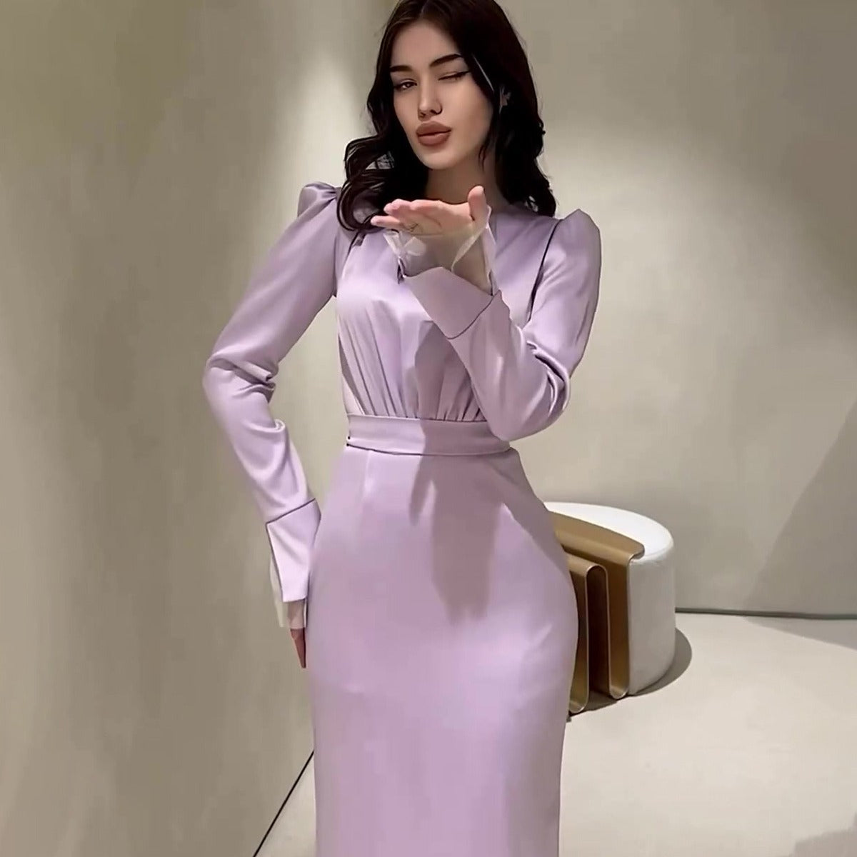 Women's Autumn Pleated Slimming Long Sleeve French Dresses